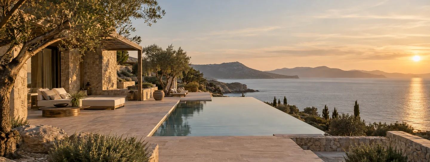 A quiet coastal boutique hotel terrace with an infinity pool at golden hour